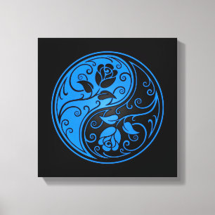 Blauwe en zwarte Yin Yang Rozen Canvas Afdruk
