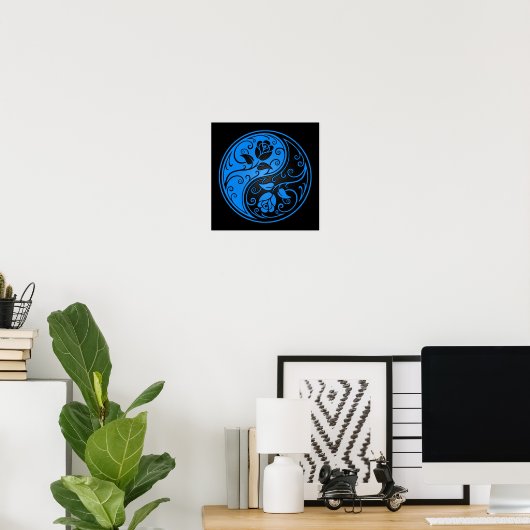 Blauwe en zwarte Yin Yang Rozen Poster (Thuiskantoor)