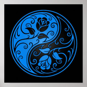 Blauwe en zwarte Yin Yang Rozen Poster