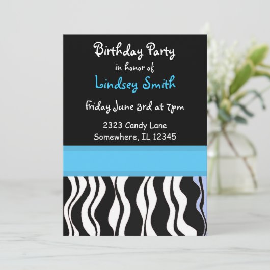 Blauwe en zwarte zebra Afdrukdag uitnodiging (Staand voorkant)