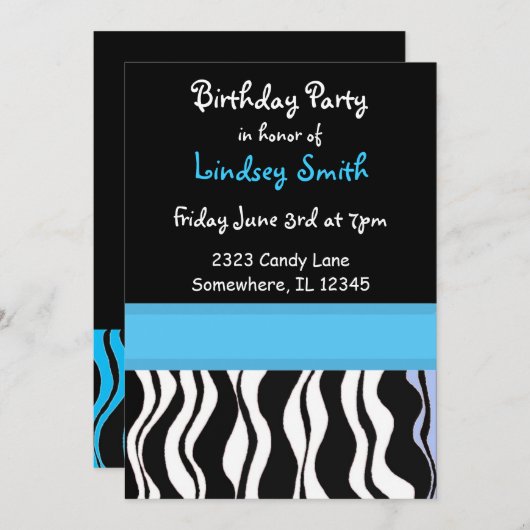 Blauwe en zwarte zebra Afdrukdag uitnodiging (Voorkant / Achterkant)