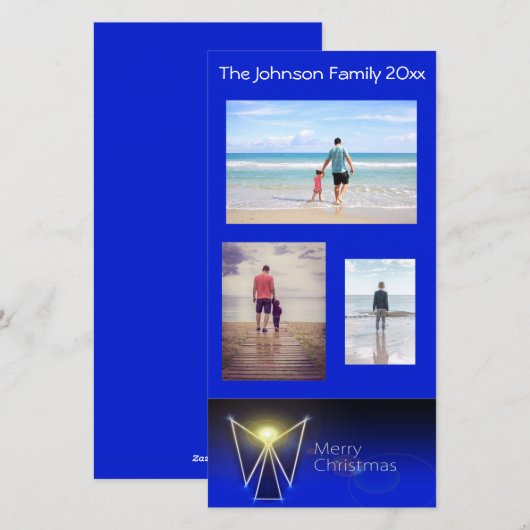 Blauwe Engel Vrolijk Kerstfeest 3 Foto Feestdagenkaart (Voorkant / Achterkant)