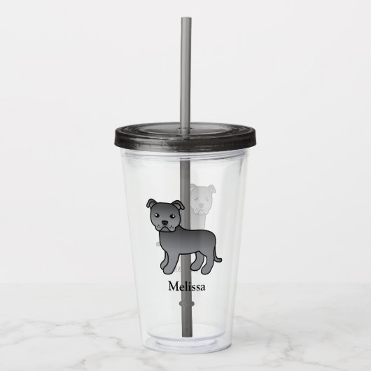 Blauwe Engelse Staffie Mopshond & Naam Acryl Drinkbeker (Voorkant)