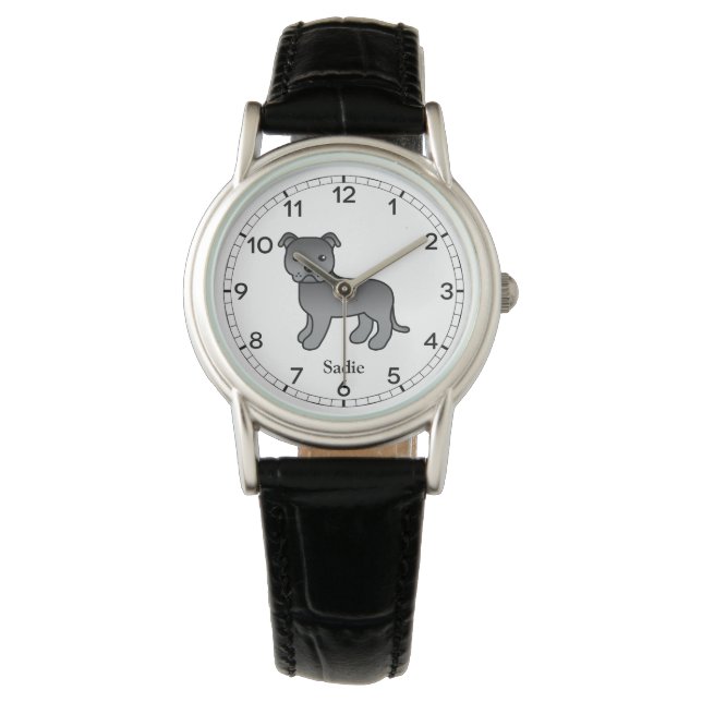 Blauwe Engelse Staffie Mopshond & Naam Horloge (Voorkant)