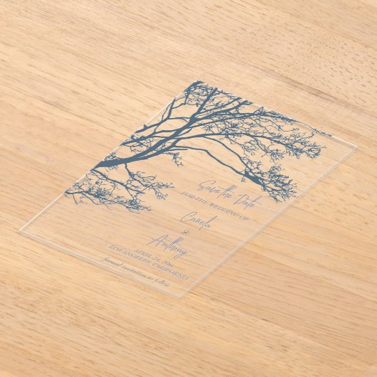 Blauwe Enkele Boom Boho Bruiloft Acryl Uitnodigingen (Laagn)