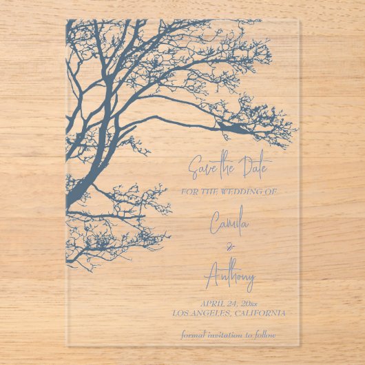 Blauwe Enkele Boom Boho Bruiloft Acryl Uitnodigingen (Voorkant)