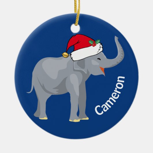 Blauwe eolifant met kerst in monogram keramisch ornament (Voorkant)