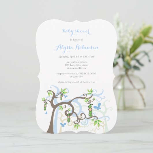 Blauwe erwt in de uitnodiging tot het Baby shower  (Staand voorkant)