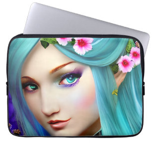 Blauwe Ethische Vrouw met Bloemen Laptop Sleeve