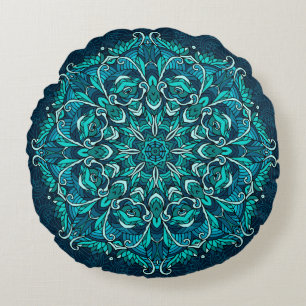 Blauwe etnische mandala. Rasterkopie Rond Kussen