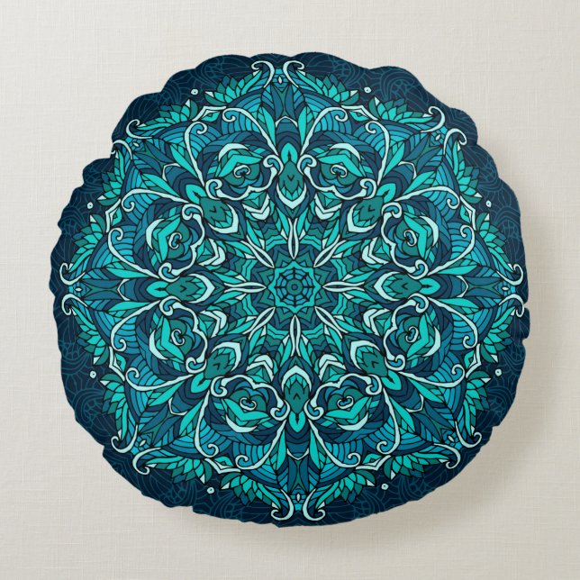 Blauwe etnische mandala. Rasterkopie Rond Kussen (Voorkant)