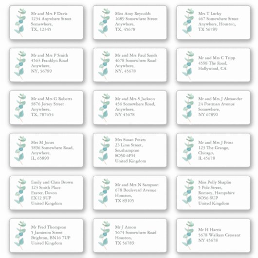 Blauwe EucaIyptus Individuele ontvanger Naam Adres Sticker (Voorkant)