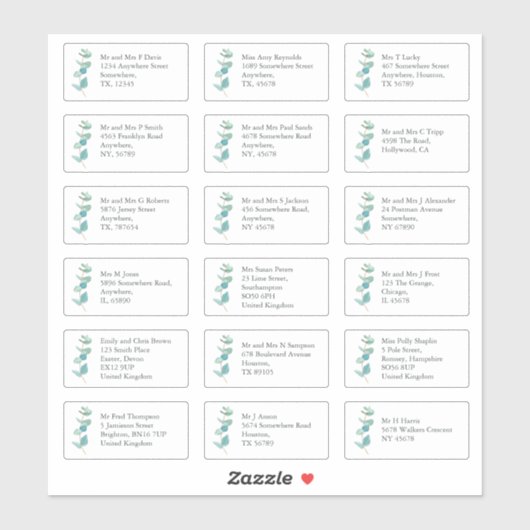 Blauwe EucaIyptus Individuele ontvanger Naam Adres Sticker (Vel)