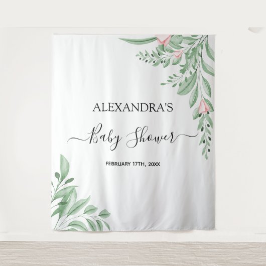 Blauwe Eucalyptus Groene Baby Shower Achtergrond Wandkleed (Voorkant)