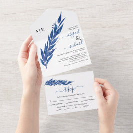 Blauwe eucalyptus tak met bladeren winter bruiloft all in one uitnodiging