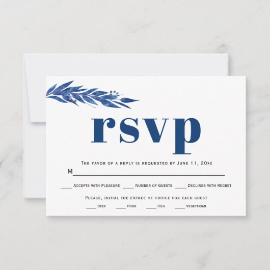 Blauwe eucalyptusbranmaaltijd keuze bruiloft RSVP Kaartje (Voorkant)