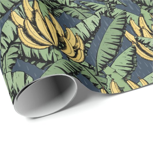 Blauwe Exotische Gele Bananen en Bladeren Cadeaupapier (Rol Hoek)