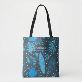 Blauwe exotische tropische bladeren en bloemen, aa tote bag