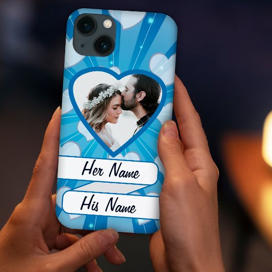 Blauwe explosie van harten, fotolijst op maat Case-Mate iPhone case