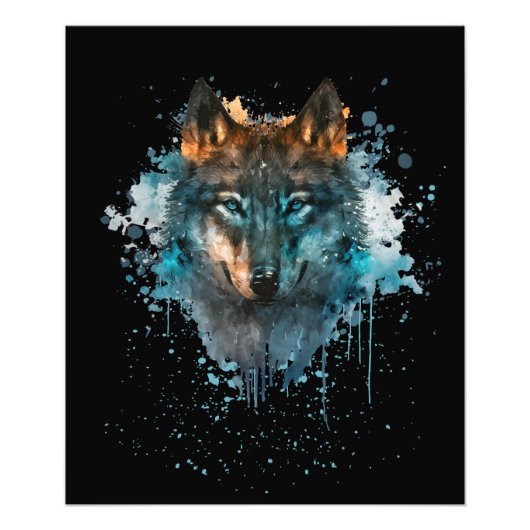 Blauwe Eyed Wolf Splatter Art Foto Afdruk (Voorkant)