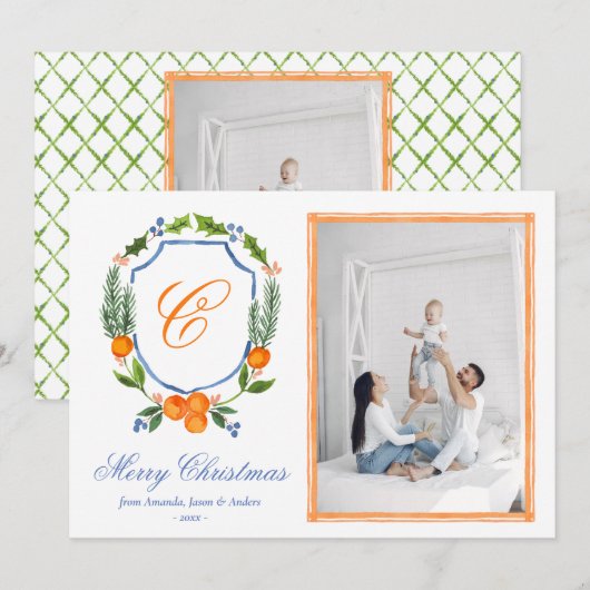 Blauwe Familie Crest Citrus Garland Kerstmis 2 Fot Feestdagenkaart (Voorkant / Achterkant)