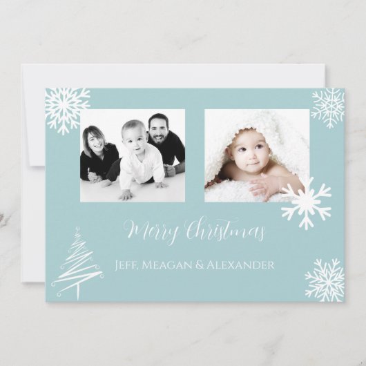 Blauwe Familie Foto Sneeuwvlokken Vrolijk Kerstfee Feestdagenkaart (Voorkant)