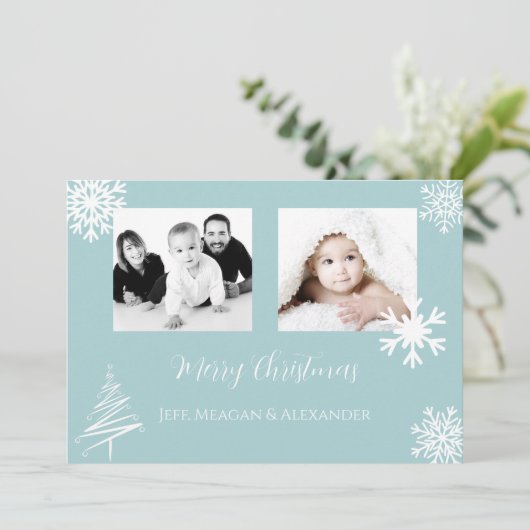 Blauwe Familie Foto Sneeuwvlokken Vrolijk Kerstfee Feestdagenkaart (Staand voorkant)