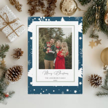 Blauwe familiefoto kerstkaart