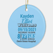 Blauwe familienaam baby geboortedatum bekendmaking keramisch ornament (Links)