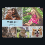 Blauwe familienaam en fotocollage iPad pro cover<br><div class="desc">Bescherm uw tablet-hoesje en kies uw meest geliefde foto's om dit ontwerp te bedekken. Pas eenvoudig de afbeeldingen aan,  de familienaam. Geniet van het hoesje met foto's van speciale momenten met familie,  kinderen,  huisdieren,  bruiloft,  verloving,  grootouders en nog veel meer. Met een blauwe accentkleur.</div>