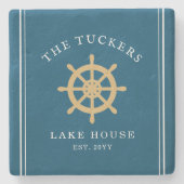 Blauwe familienaam Meerhuis Nautical Ship's Wheel Stenen Onderzetter (Voorkant)
