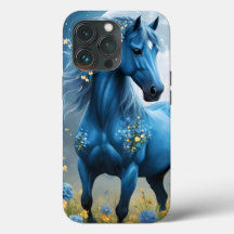 Blauwe Fantasie Magische Paard Maan Bloemen,