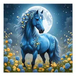 Blauwe Fantasie Magische Paard Maan Bloemen, Foto Afdruk