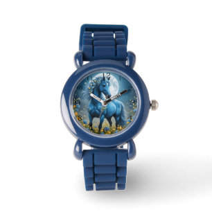 Blauwe Fantasie Magische Paard Maan Bloemen, Horloge