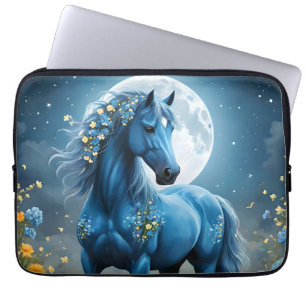 Blauwe Fantasie Magische Paard Maan Bloemen, Laptop Sleeve