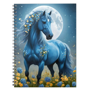 Blauwe Fantasie Magische Paard Maan Bloemen, Notitieboek