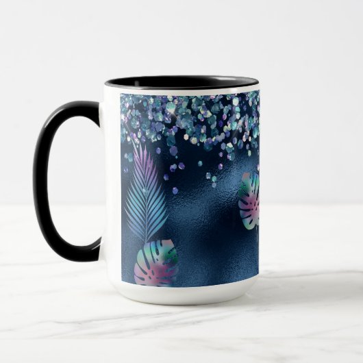 Blauwe faux glitter en passende bladeren mok (Links)