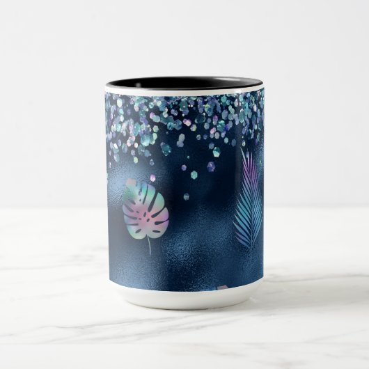 Blauwe faux glitter en passende bladeren mok (Midden)