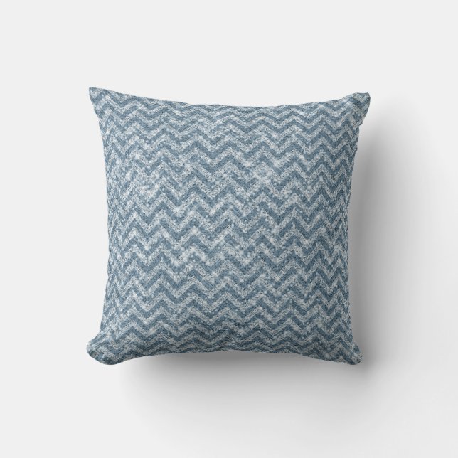 Blauwe Faux Glitter Sparkle Chevron Kussen (Voorkant)