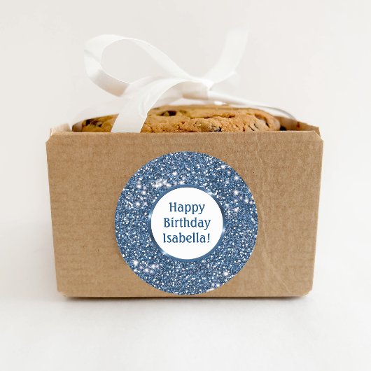 Blauwe Faux Glitter Textuur Aangepaste Gelukkige V Ronde Sticker