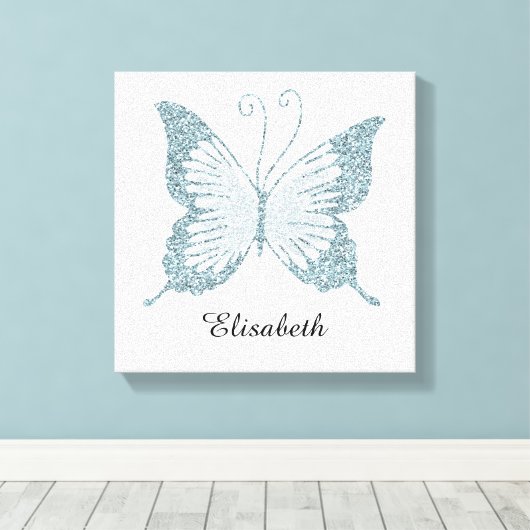 Blauwe Faux Glitter Vlinder Gepersonaliseerd Canvas Afdruk (Insitu (Houten vloer))