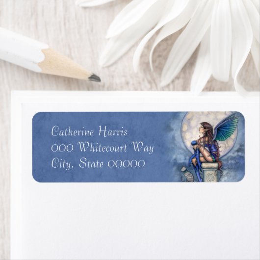 Blauwe Fee en Kat Fantasy Art Etiket (Insitu)