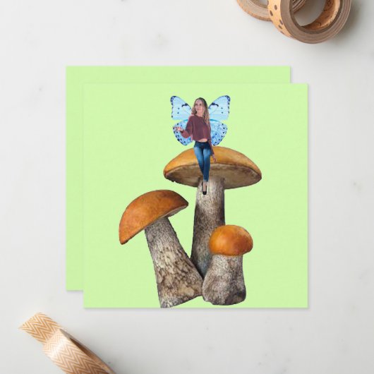 Blauwe fee op paddenstoelen Note Kaart Notitiekaartje (Voorkant / Achterkant in situ)