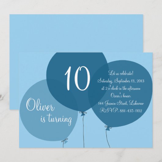 Blauwe feestballon kaart (Voorkant / Achterkant)