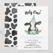 Blauwe feesthoed koe met koeienprint uitnodiging  (Voorkant / Achterkant)