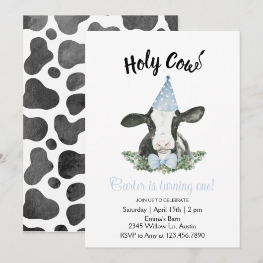 Blauwe feesthoed koe met koeienprint uitnodiging  (Voorkant / Achterkant)