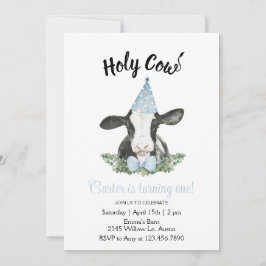 Blauwe feesthoed koe met koeprint uitnodiging