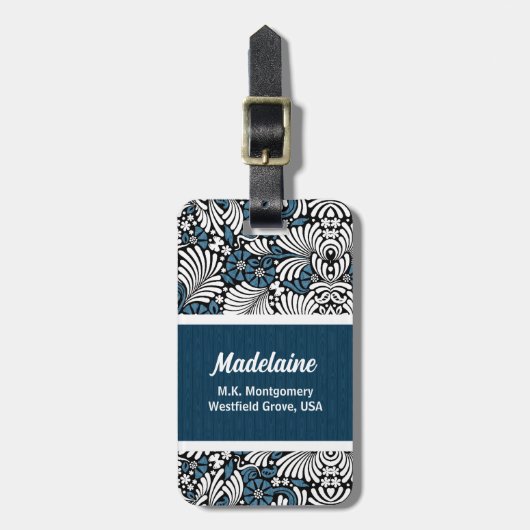 Blauwe Fern Leaf Print met White en Black Bagagelabel (Voorkant verticaal)