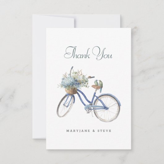 Blauwe Fiets Boheemse Bloemen Waterverf Bruiloft T Bedankkaart (Voorkant)