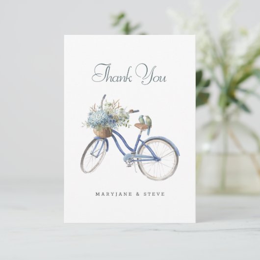 Blauwe Fiets Boheemse Bloemen Waterverf Bruiloft T Bedankkaart (Staand voorkant)